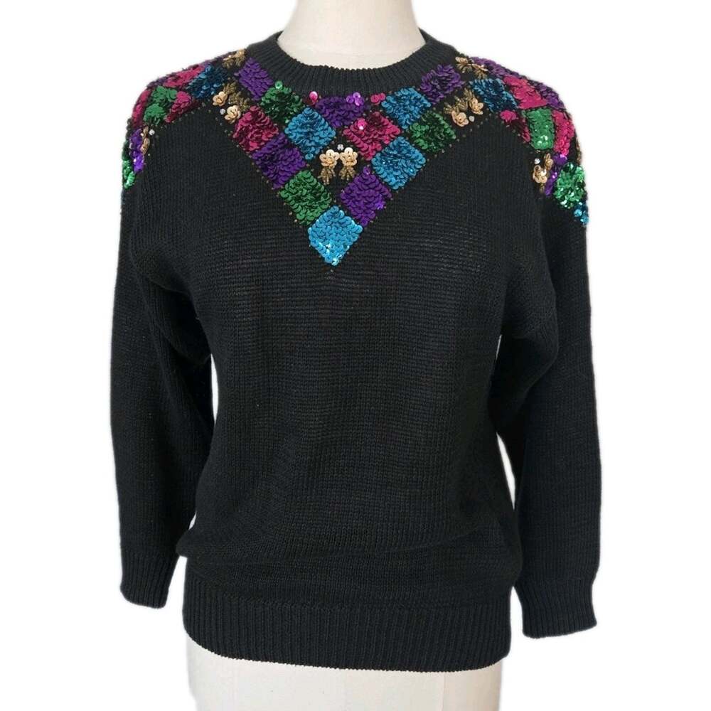 Vintage Sequin Colorblock 80s 90s Knit Sweater By Mister Noah